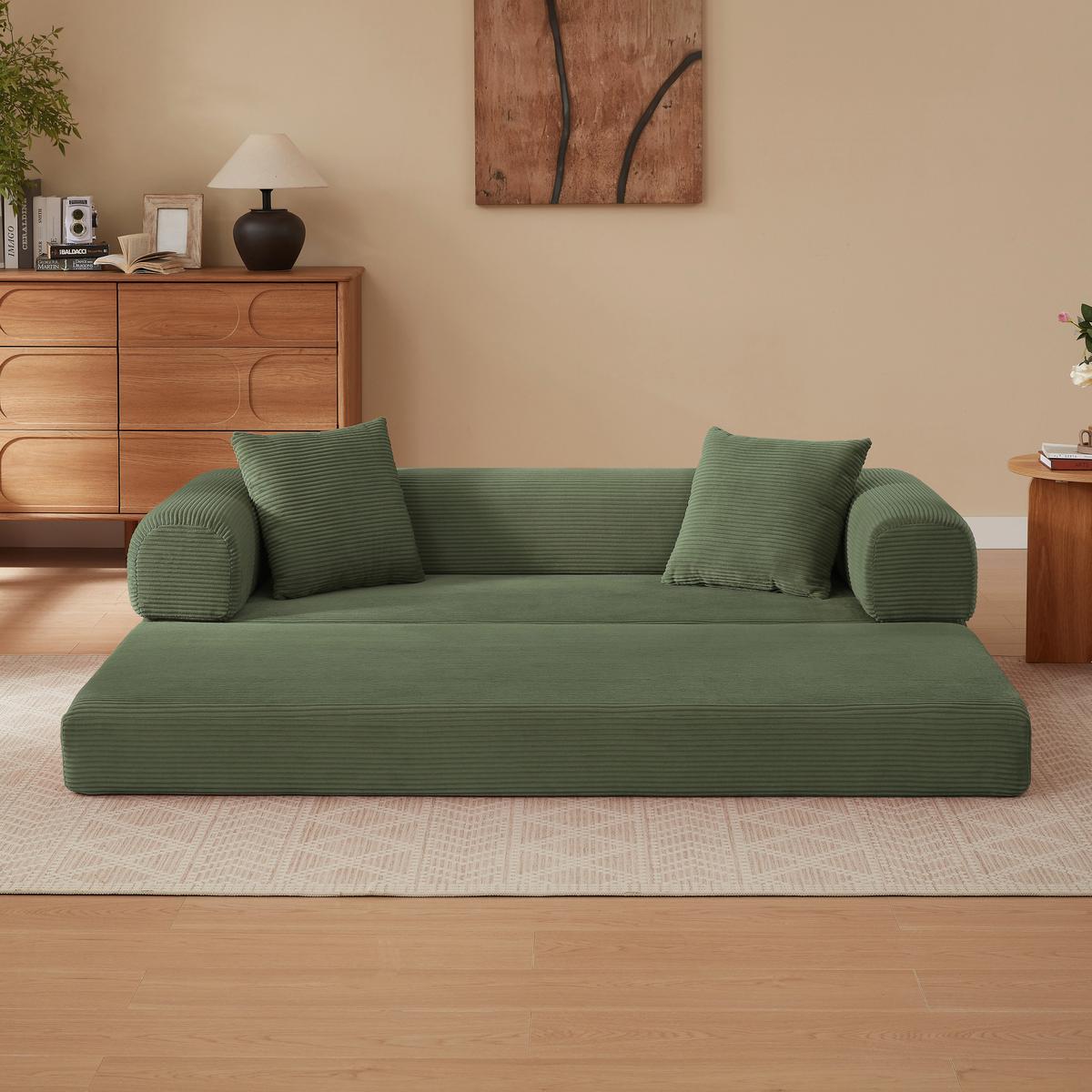 SCHLAFSOFA aus Cord in Grün 2-in-1 Funktion & zum Gästebett klappbar - Grün, Textil (89/59/195cm) - Urban Meuble