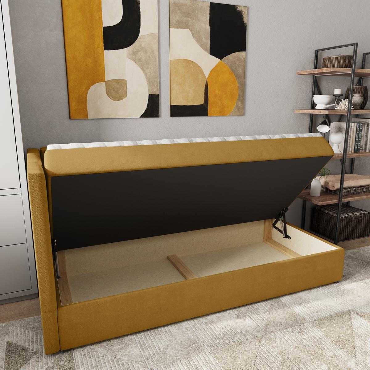 BOXBETT BEVE 90x200 cm mit Matratze und Topper, H2+H3 - Gelb - Gelb, Holz (90/200cm) - MASSENO