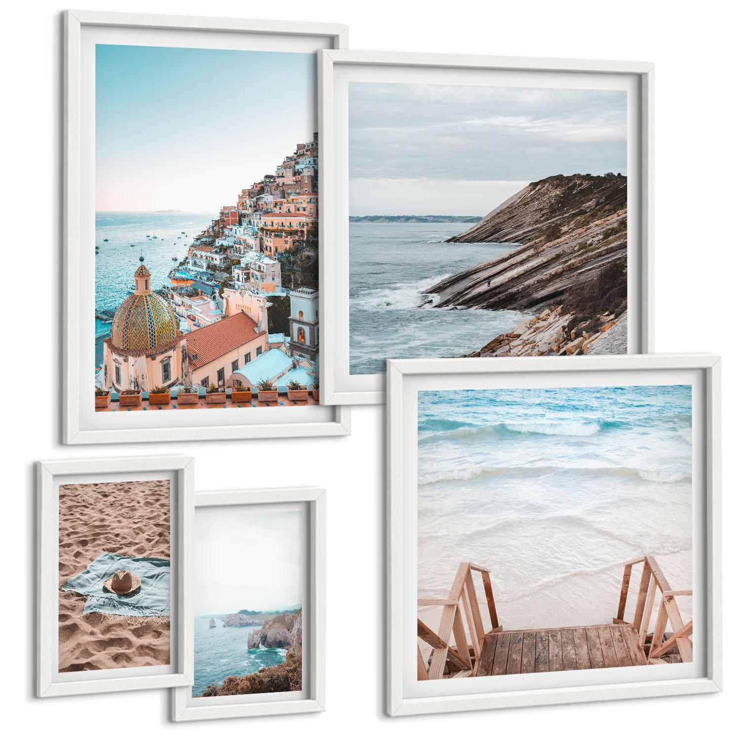 BILDER SET 5er Set - 50x50 cm & 20x30 cm & 40x60 cm Weißer Rahmen - Berglandschaften und Wasserfälle - Weiß, Kunststoff (40/60cm) - TULUP