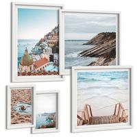 BILDER SET 5er Set - 50x50 cm & 20x30 cm & 40x60 cm Weißer Rahmen - Berglandschaften und Wasserfälle - Weiß, Kunststoff (40/60cm) - TULUP