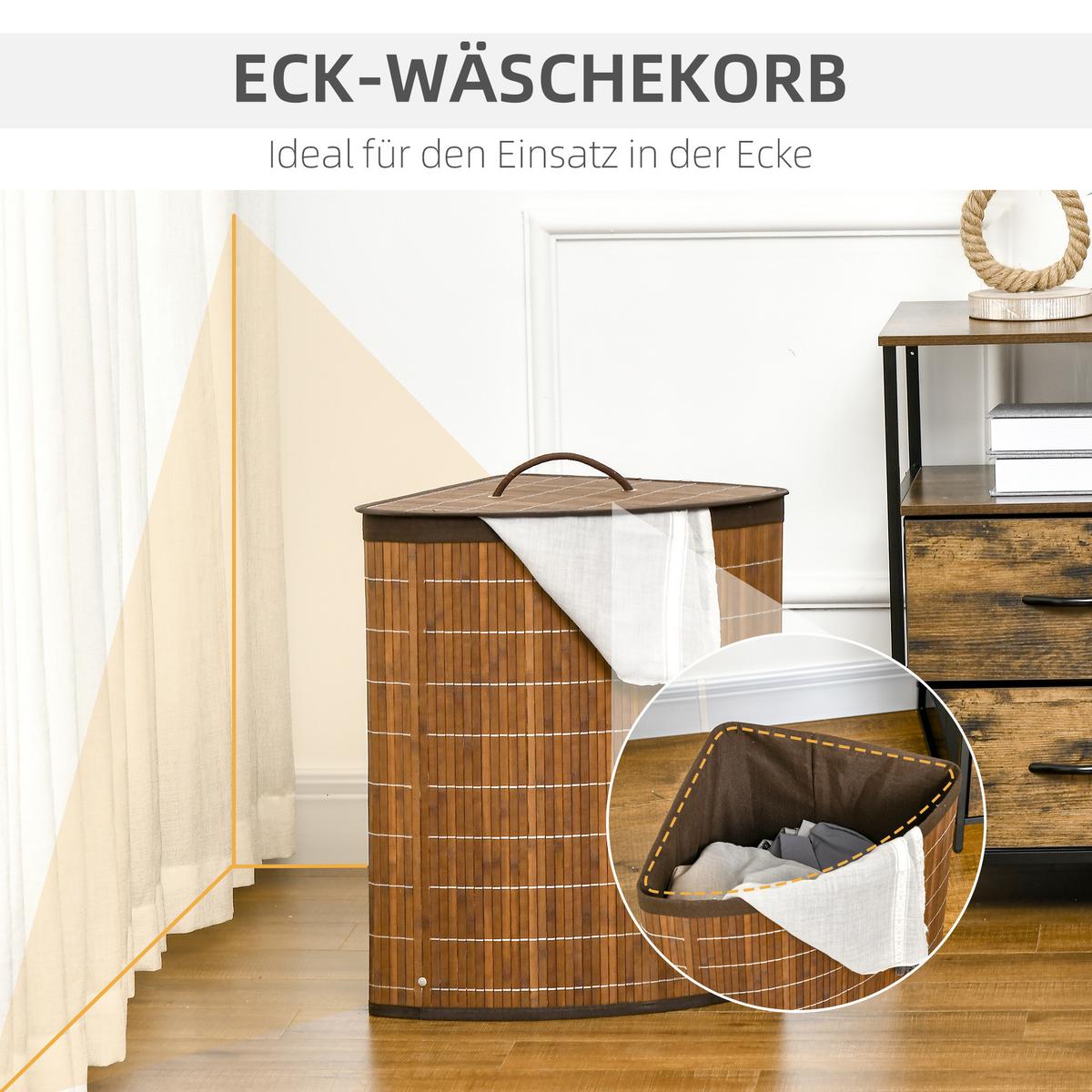 WÄSCHEKORB 55L Wäschesammler Wäschebox mit Deckel, Griff, Bambus, Braun - Braun, Naturmaterialien (38/57/38cm) - HOMCOM