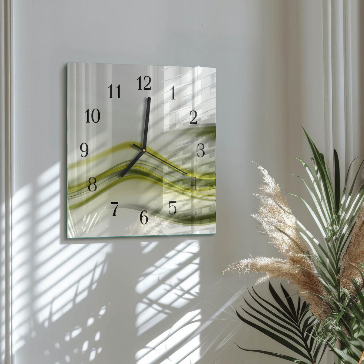 WANDUHR aus Glas 30x30 cm - Abstrakte Linien - Grün, Glas (30/30/0.4cm) - TULUP