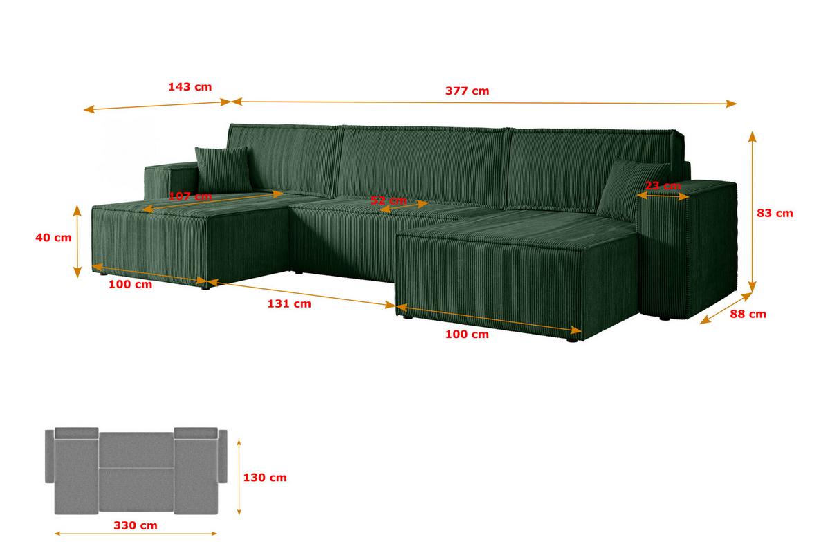 WOHNLANDSCHAFT mit Schlaffunktion und Bettkasten CELTIC-XLU - 377x143x83 cm Grün Cord - Schwarz/Grün, Holzwerkstoff/Kunststoff (377/83/143cm) - ALTDECOR