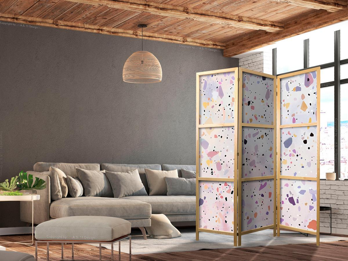 PARAVENT Japanischer 3-tlg 135x172 cm Farbiger Terrazzo - Multicolor, Holz/Textil (135/172/3cm) - Muralo