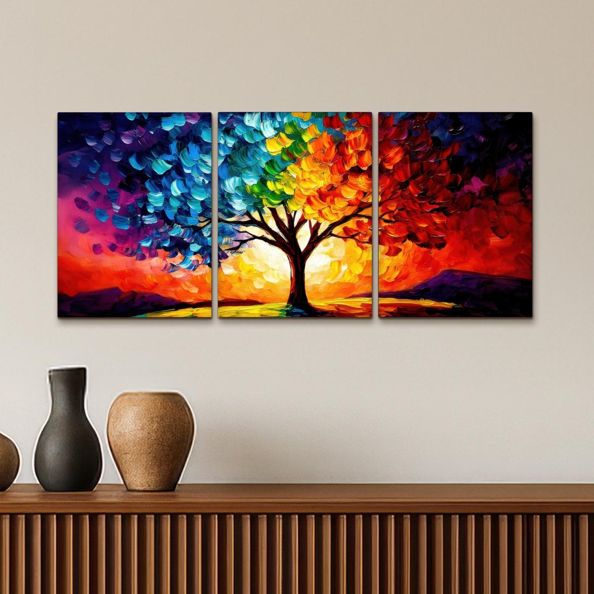 LEINWANDBILD 3er Set Baum - Farbenfroh - Malerei-Look - Abstrakt 90x40 cm - Multicolor, Textil (90/40cm) - MuchoWow