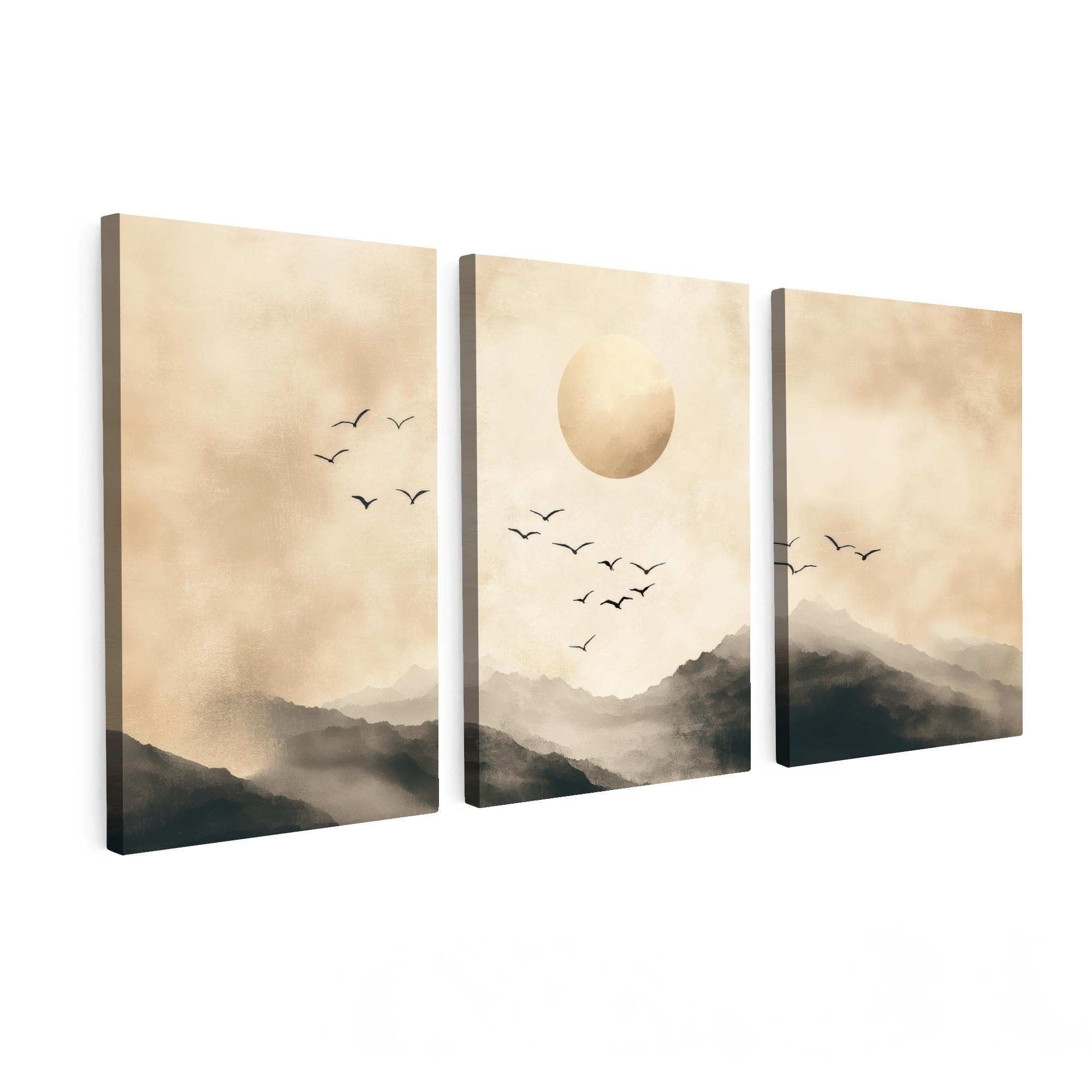 LEINWANDBILD 3er Set Landschaft - Japandi - Beige - Vögel 120x60 cm - Beige, Textil (120/60cm) - MuchoWow