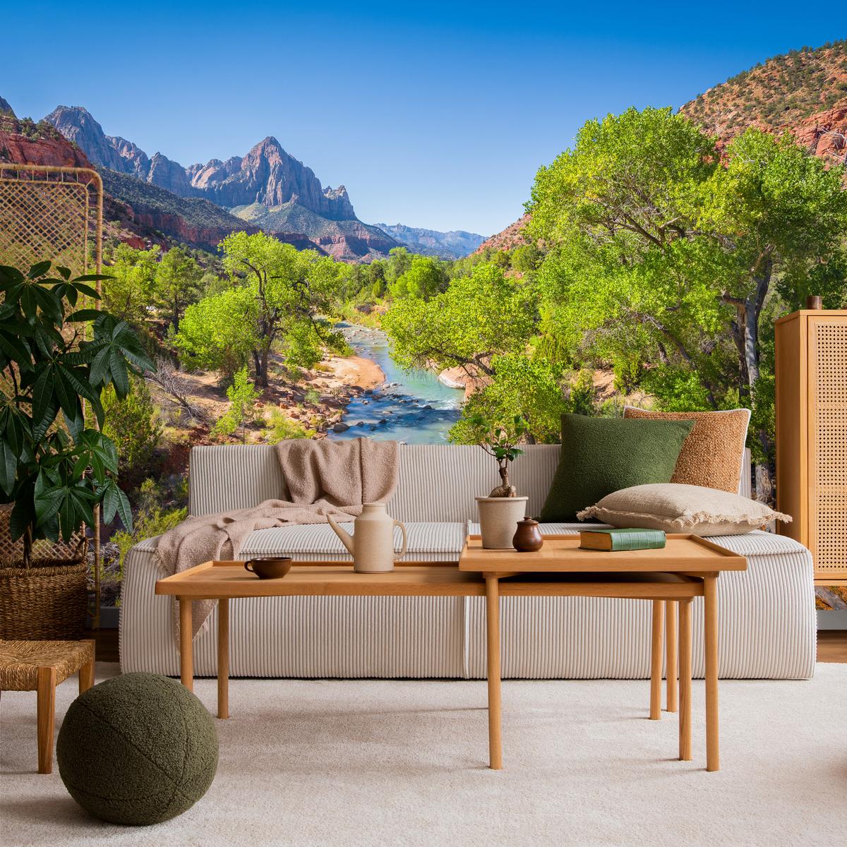FOTOTAPETE für Esszimmer Virgin River Bäume Felsen Berge Natur 500x350 - Türkis/Blau, Papier (500/350cm) - Muralo