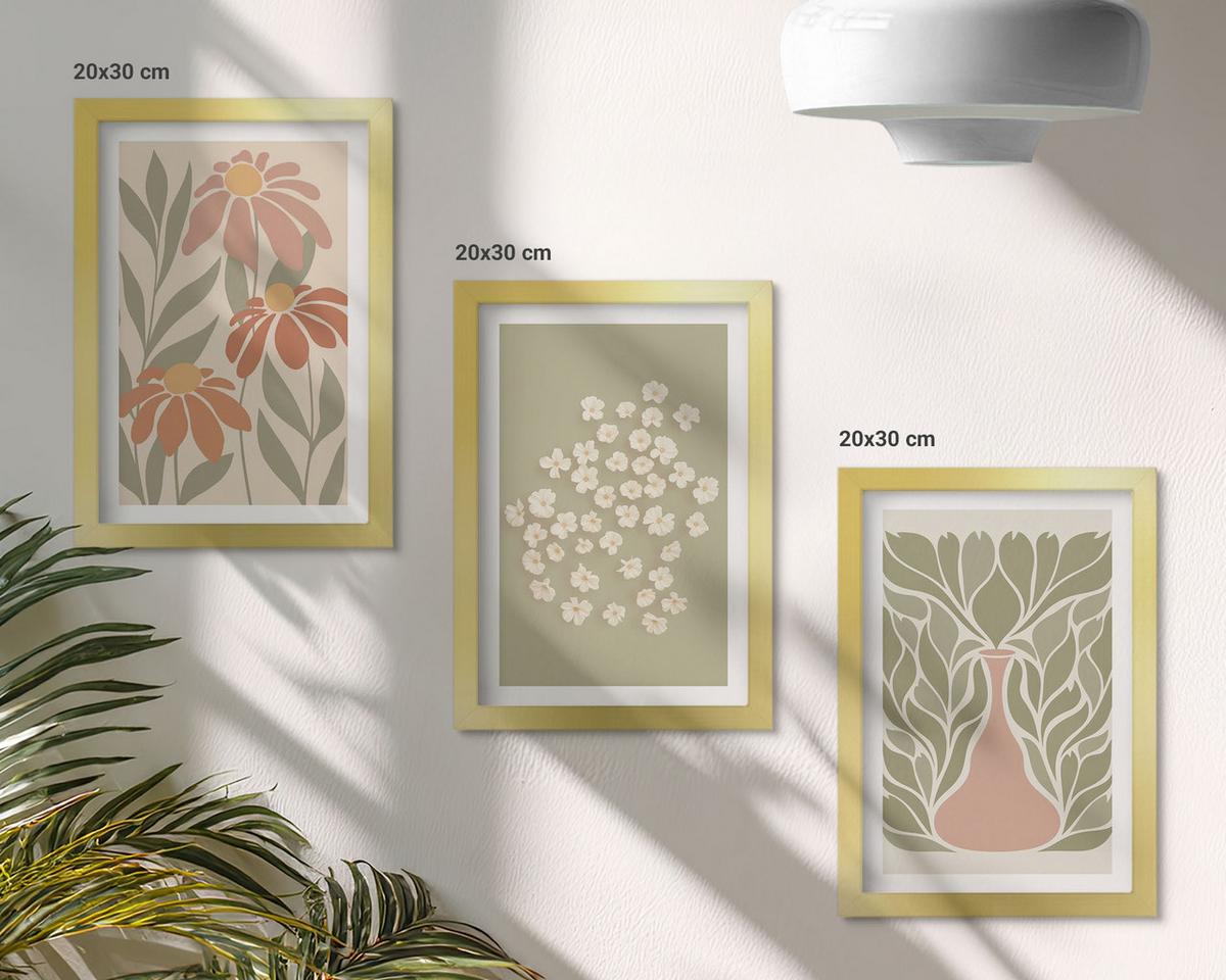 BILDER SET 3er Set - 20x30 cm Goldrahmen - Florale Boho-Muster - Goldfarben, Kunststoff (20/30cm) - TULUP