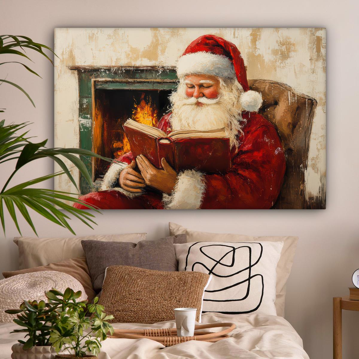 LEINWANDBILD Weihnachten - Weihnachtsmann - Winter - Open Fireside Wohnzimmer Groß 120x80 cm - Dunkelrot, Textil (120/80cm) - MuchoWow
