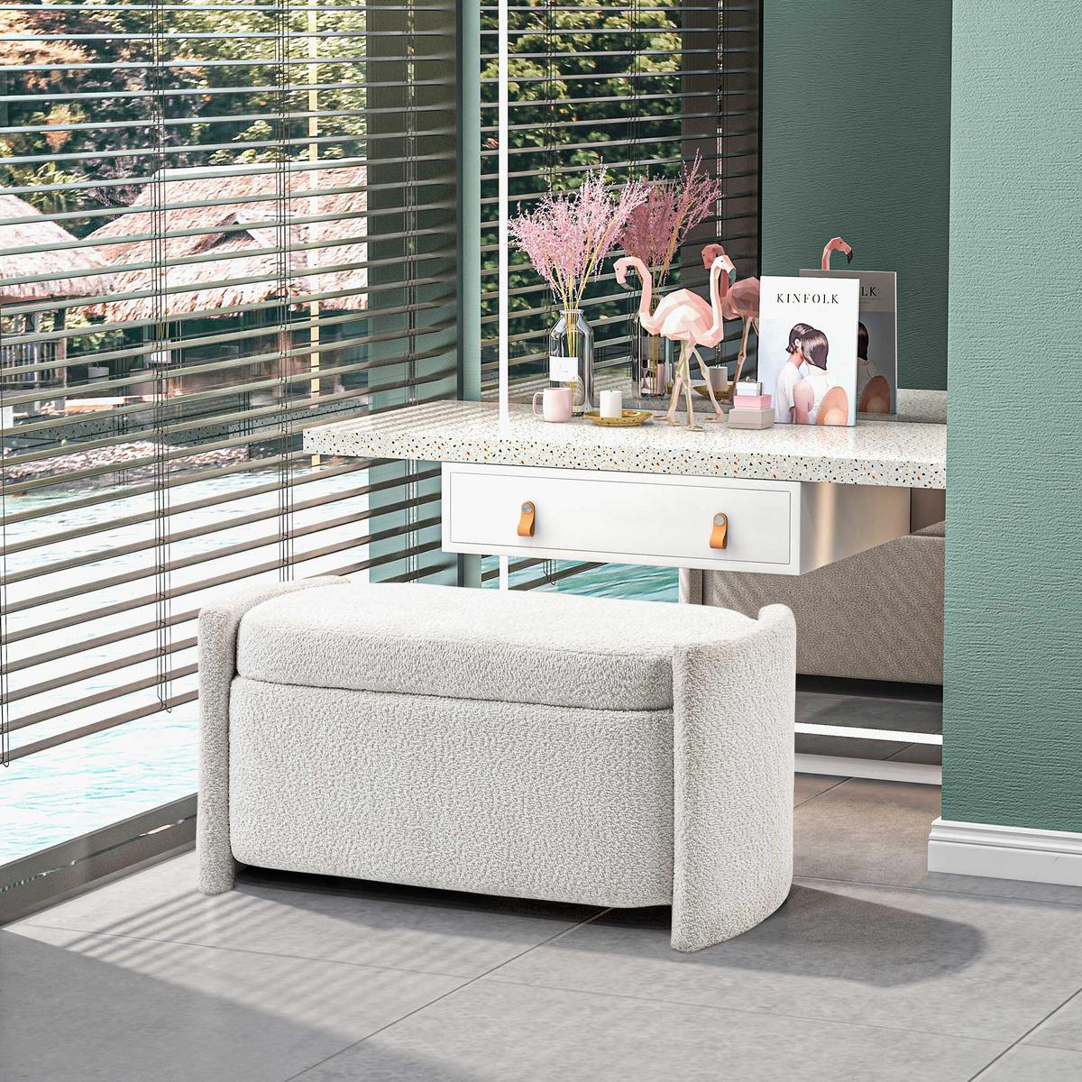 TRUHENBANK Samtoptik Creme - Eukalyptusholzfarben/Creme, Holz/Kunststoff (44/45.5/105cm) - HOMCOM