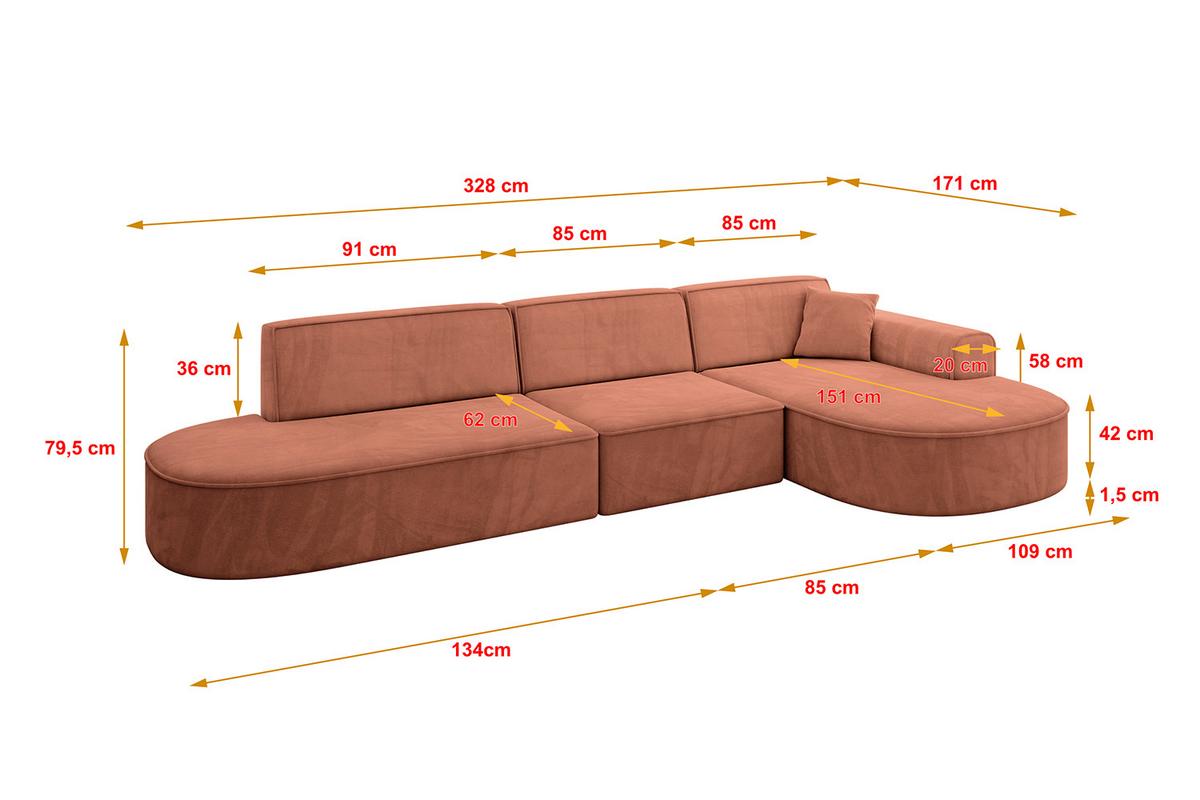 ECKSOFA Ottomane Rechts MARI-L2 - 328x171x79 cm Koralle Velours - Koralle/Schwarz, Holzwerkstoff/Kunststoff (171/328cm) - ALTDECOR