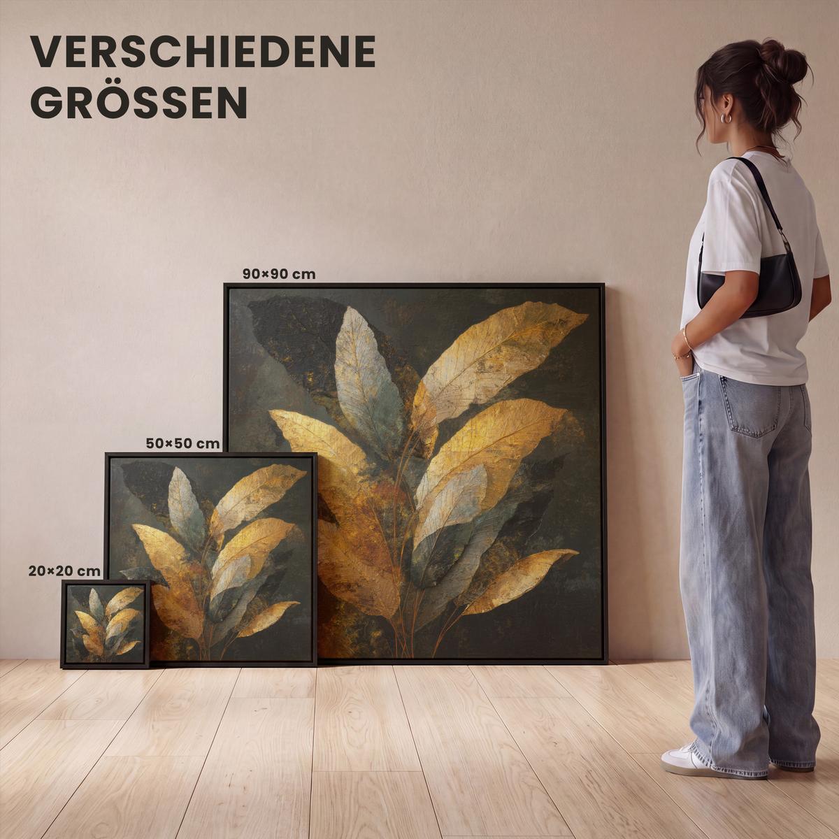 LEINWAND Bilder mit Rahmen - Golden Leaf Komposition - Botanical Luxury - 20x20 - Goldfarben, Textil (20/20cm) - MuchoWow