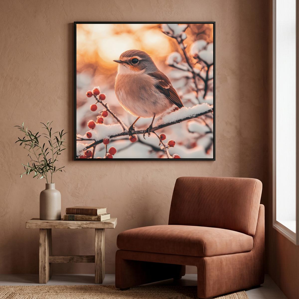 LEINWAND Bilder mit Rahmen - Vogel - Zweig - Winter - Tiere - Schnee - 90x90 - Bernsteinfarben, Textil (90/90cm) - MuchoWow