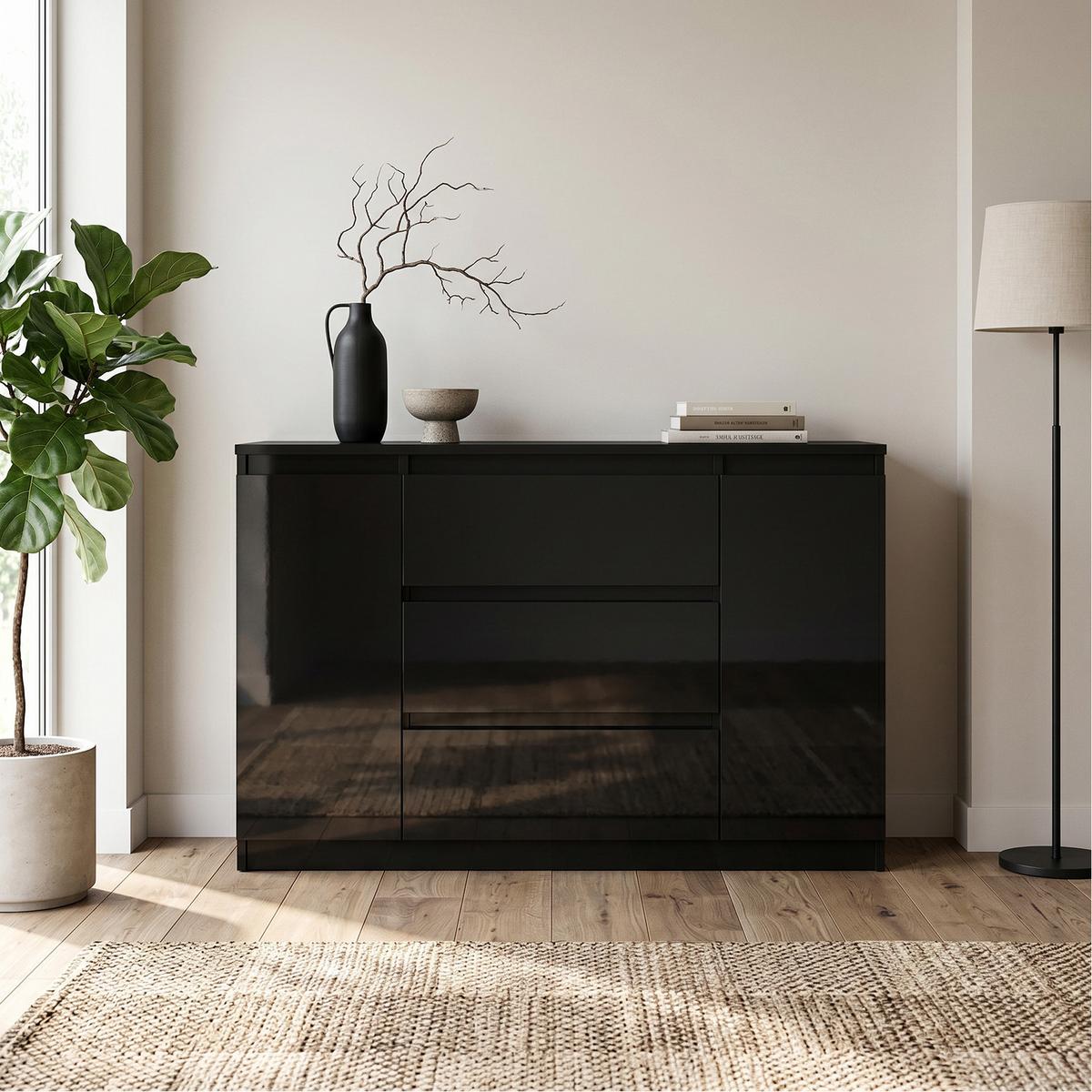 KOMMODE NUDO 120/78,5/39cm mit 3 Schubladen 2 Türen Schwarz - Schwarz Hochglanz/Schwarz, Holzwerkstoff (120/78.5/39cm) - MASSENO