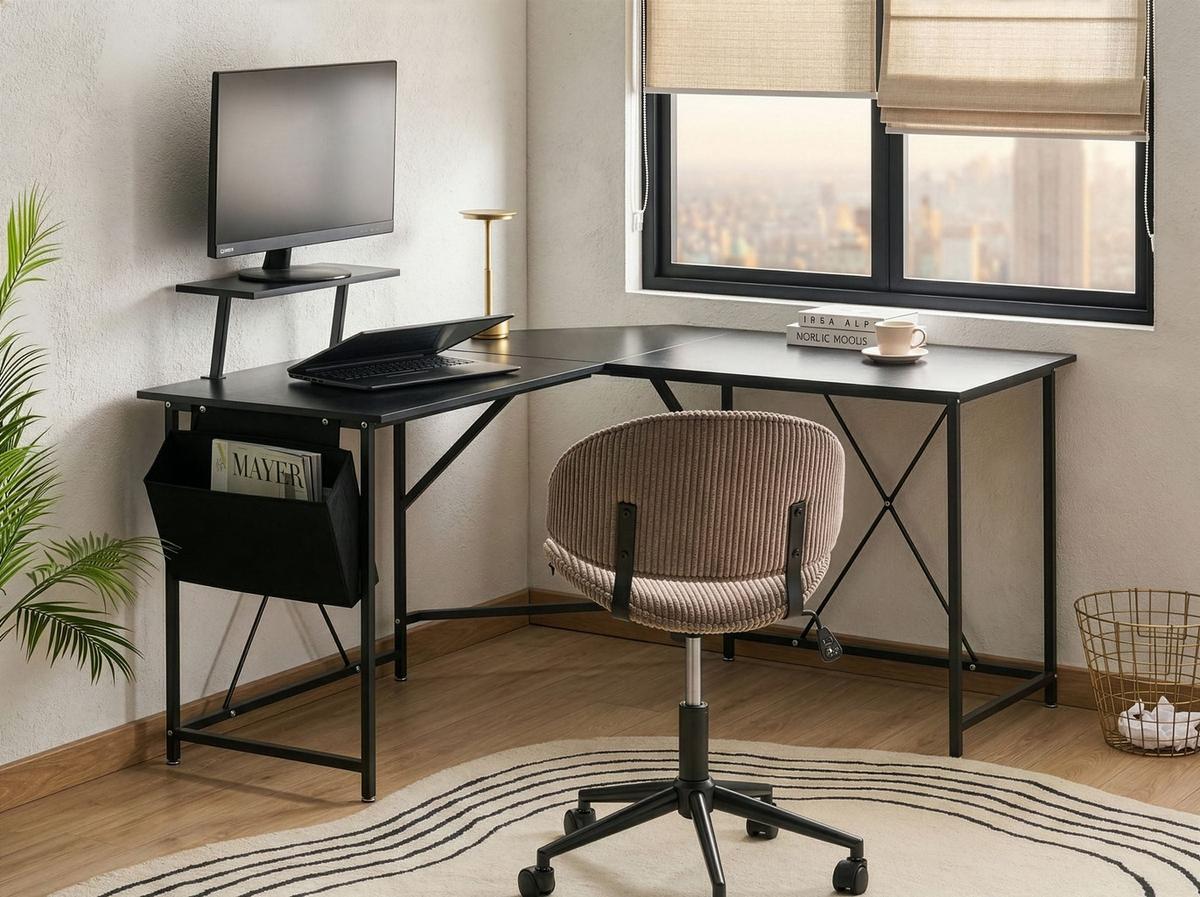 ECKSCHREIBTISCH Schwarz 180/140 cm mit Stauraum Tacony - Schwarz, Holzwerkstoff (140/180/94cm) - Beliani