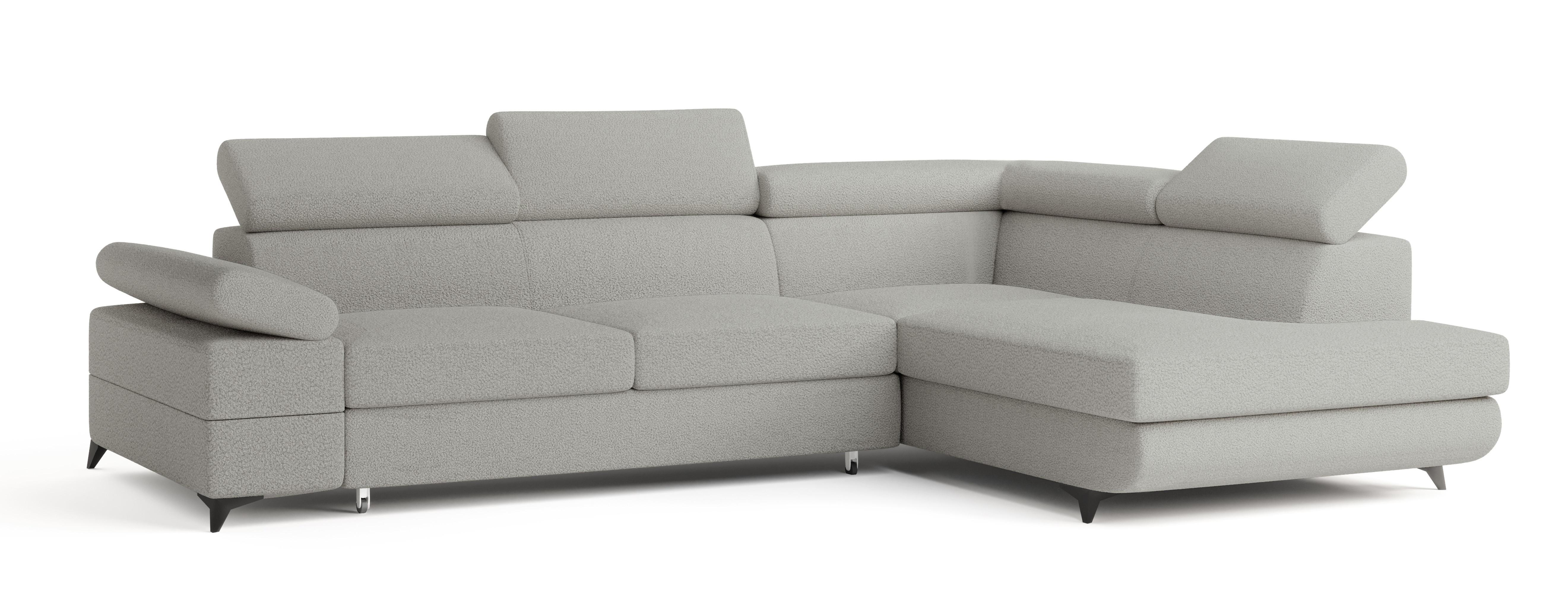 ECKSOFA FAVIEN R-S Hellgrau Boucle-Stoff mit Schlaffunktion - Hellgrau, Holz (257/190cm) - MASSENO