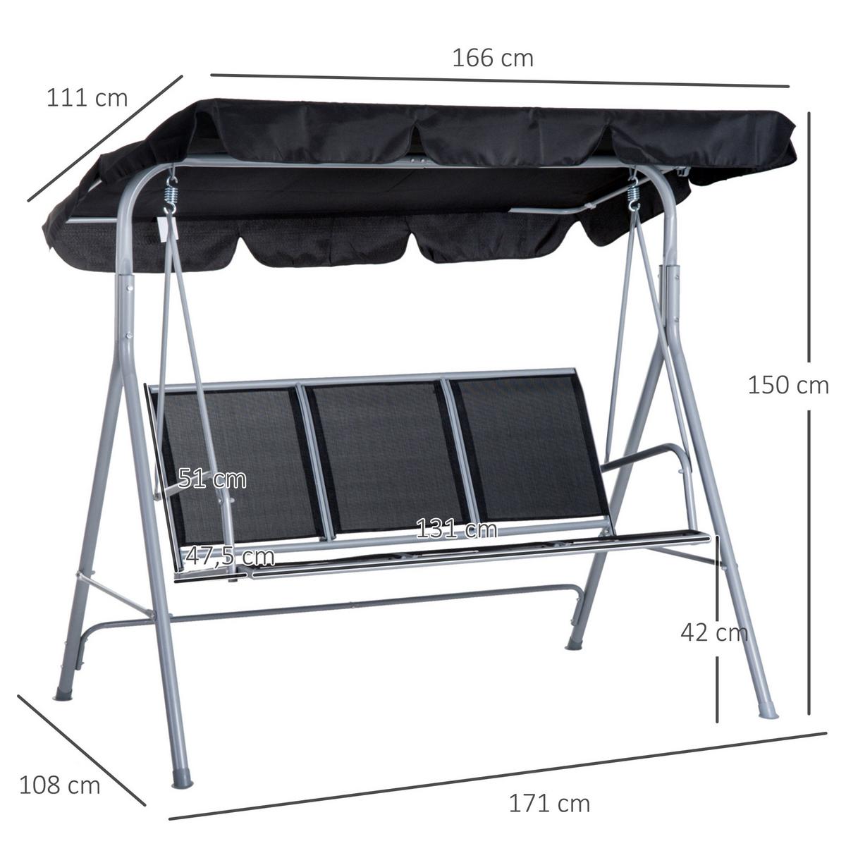 HOLLYWOODSCHAUKEL, mit Dach, Metall, Schwarz+Silber, 171 x 108 x 154 cm - Schwarz, Metall (108/154/171cm) - Outsunny