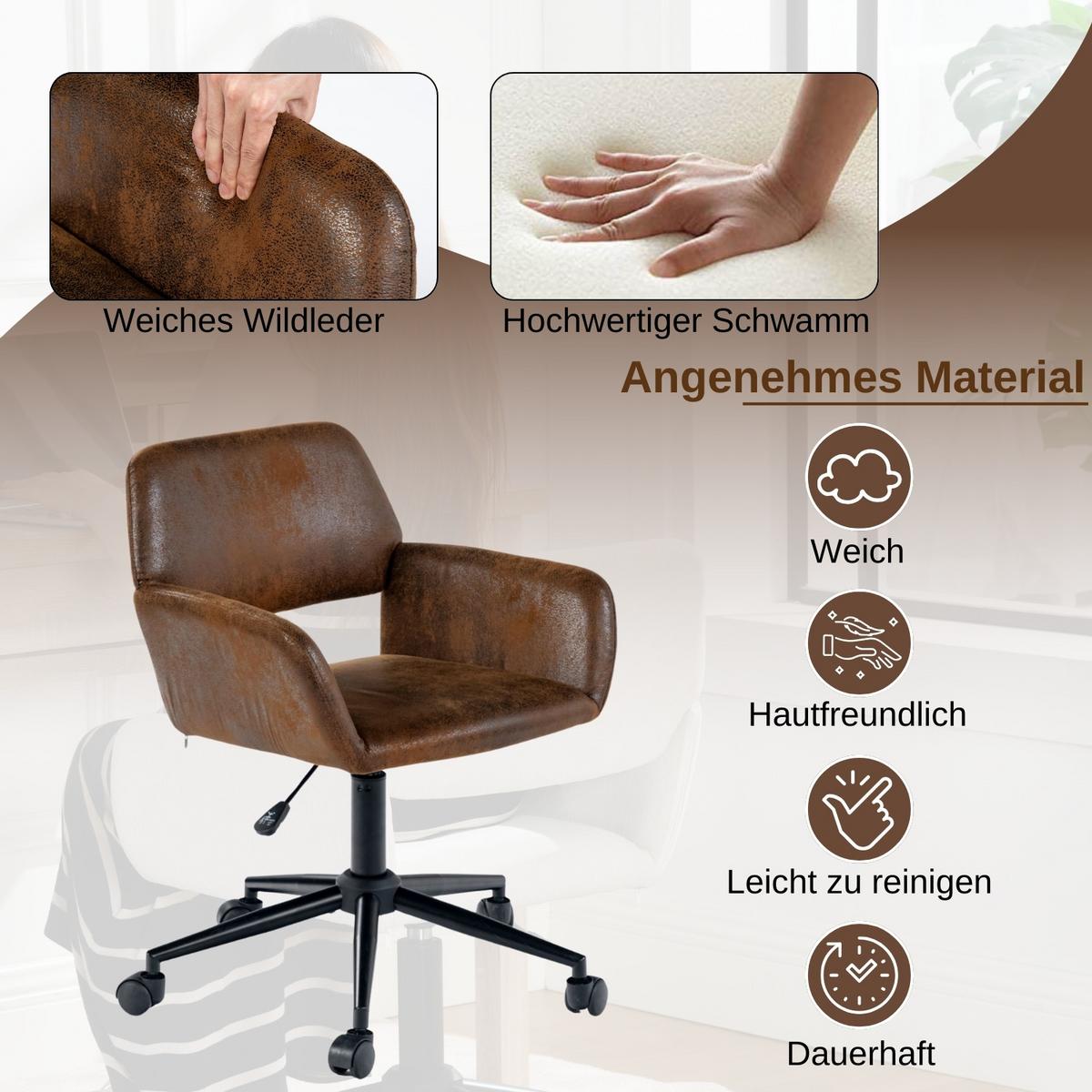 DREHSTUHL Wildleder Optik, Höhenverstellbar und 360° drehbar - Schwarz/Braun, Textil/Metall (54/85/56cm) - Urban Meuble