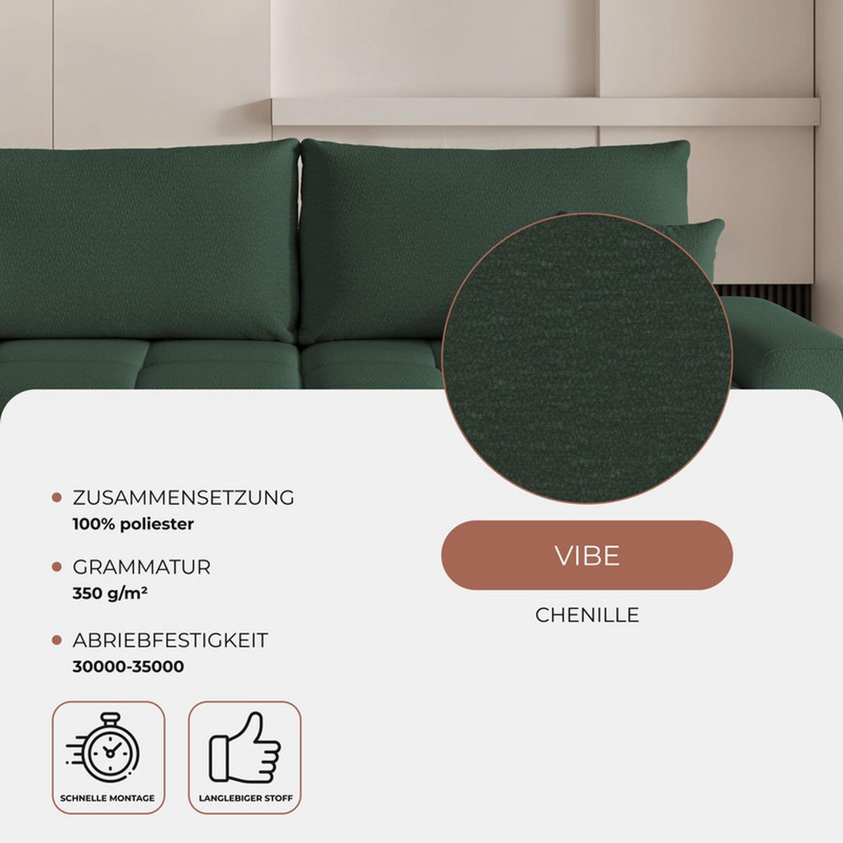 ECKSOFA TARA mit Schlaffunktion und Bettkasten Grün - Chromfarben/Grün, Kunststoff/Textil (261/178cm) - Idohome