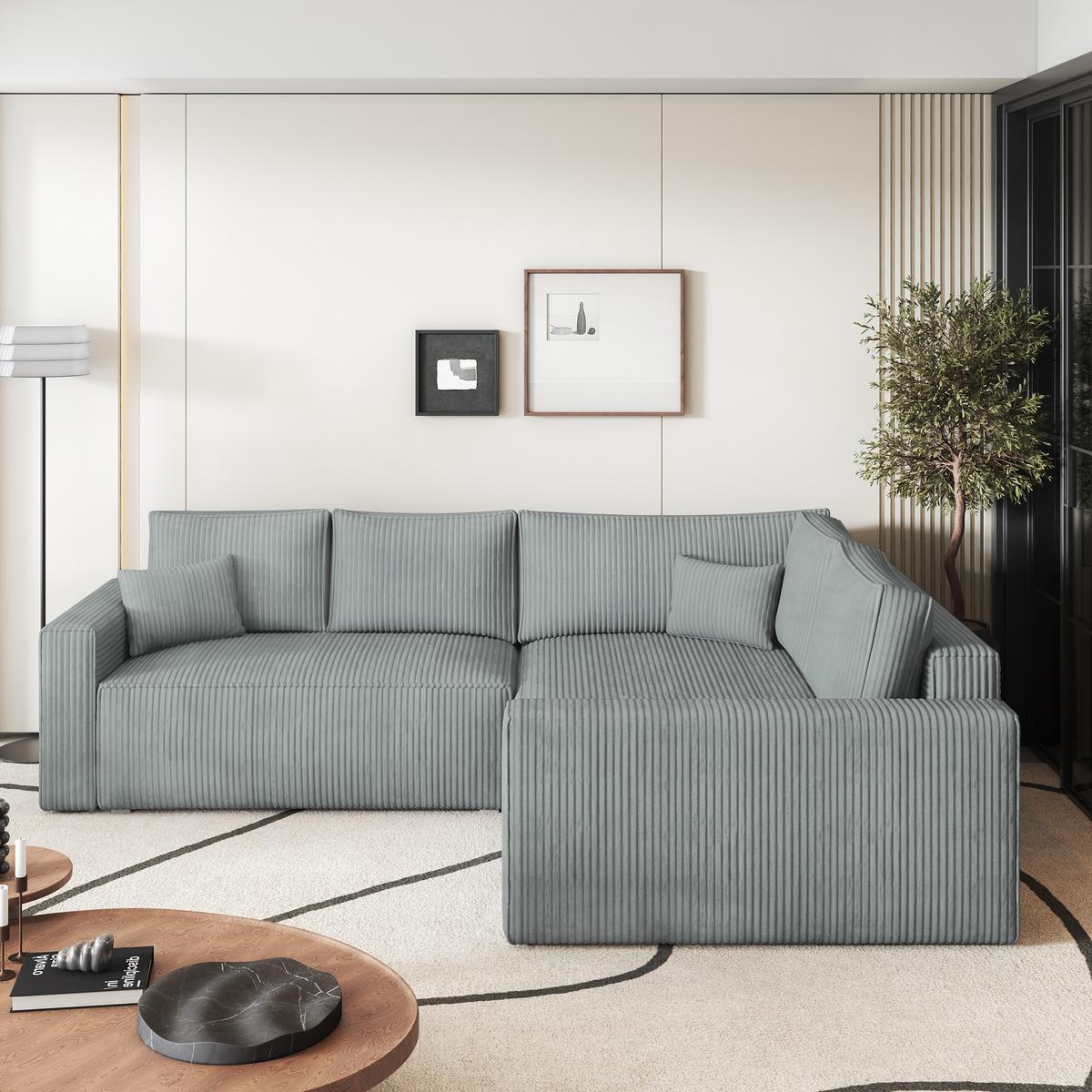 ECKSOFA ERONIS R-S Hellgrau Kordstoff mit Schlaffunktion - Hellgrau, Holz (265/194cm) - MASSENO