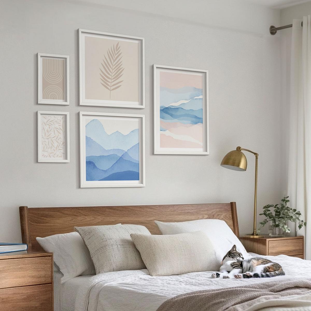 BILDER SET 5er Set - 50x50 cm & 20x30 cm & 40x60 cm Weißer Rahmen - Blätterwellen beige blau - Weiß, Kunststoff (40/60cm) - TULUP