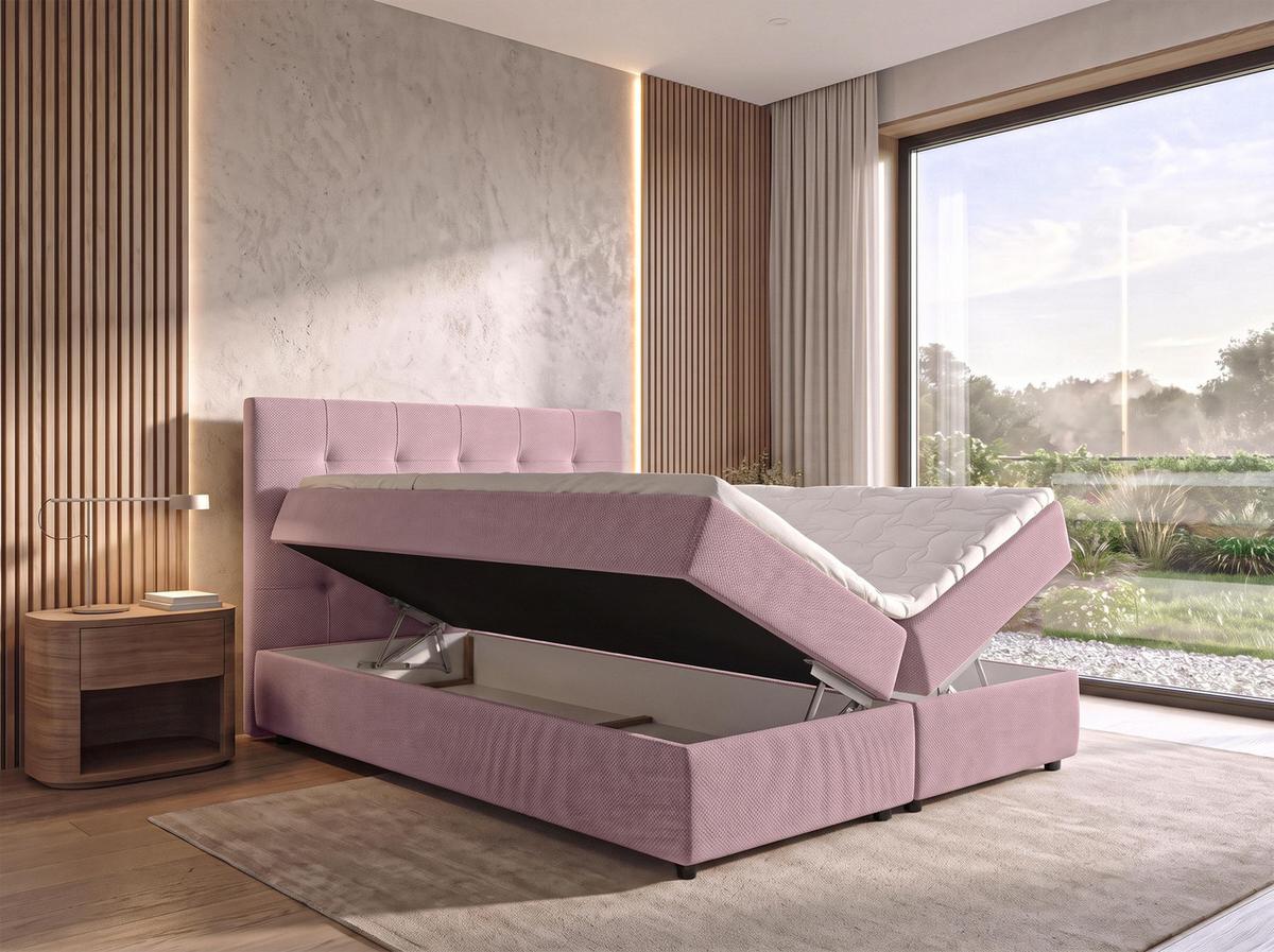BOXBETT SAKARYA 140x200 cm mit Bettkasten und Matratze - Rosa + TOPPER - Schwarz/Rosa, Holz/Holzwerkstoff (140/200cm) - AX Living