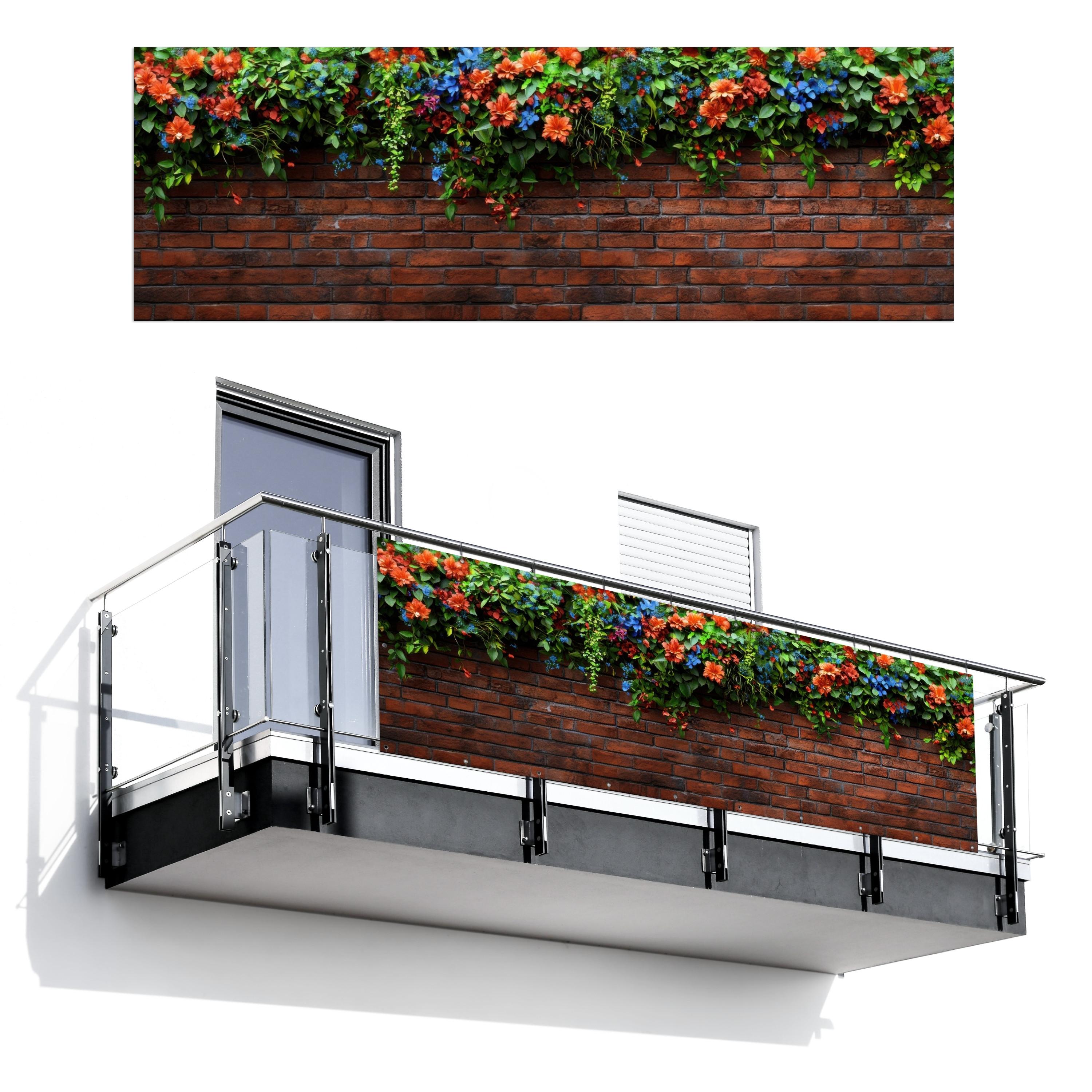 BALKON-SICHTSCHUTZ Blumen - Wand - Grün - Orange Windschutz 300x100 cm - Rotbraun, Kunststoff (300/100cm) - MuchoWow