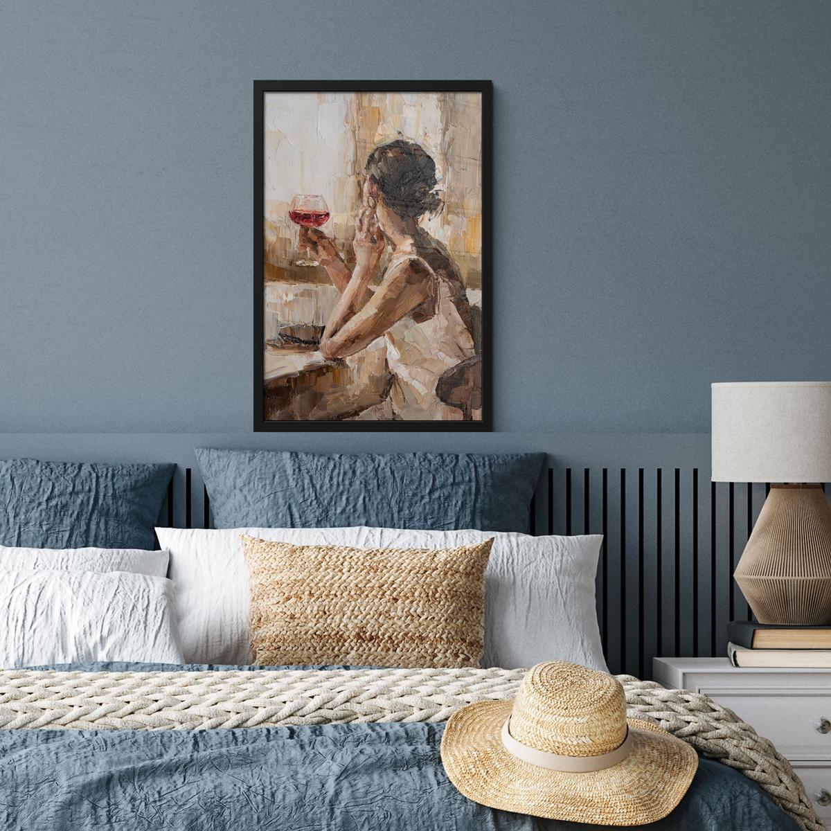 POSTER MIT RAHMENGERAHMTES BILD Ölgemälde - Frau - Wein Bilder mit Rahmen 40x60 cm - Hellbraun, Papier (40/60cm) - MuchoWow
