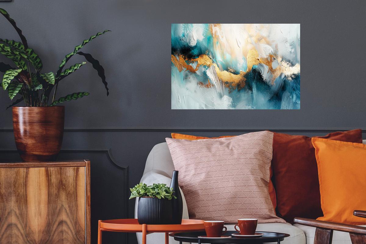 WANDTATTOO Abstrakt - Kunst - Gold - Blau Deko Wohnzimmer 60x40 cm - Petrol, Kunststoff (60/40/0.1cm) - MuchoWow