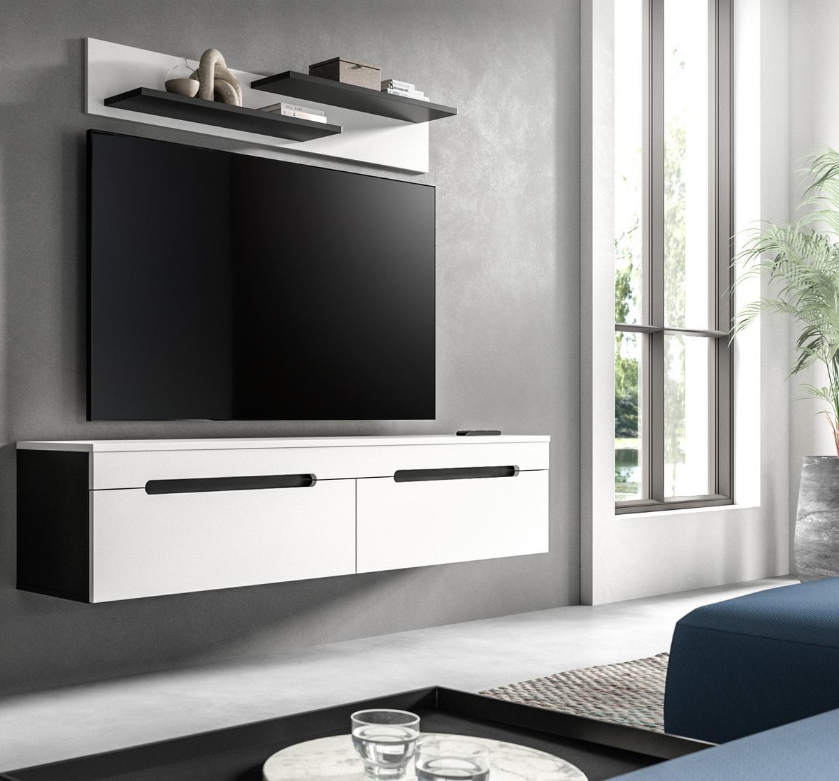 WOHNWAND weiß, grau mit TV-Lowboard hängend / stehend und Wandboard 170 cm, Cooper - Schwarz/Weiß, Holzwerkstoff/Kunststoff (170/180/33cm) - Inn.Furn