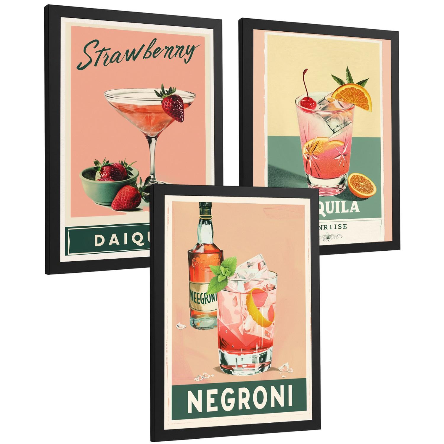 POSTER 3er Set Cocktail-Wandbilder Daiquiri Tequila Sunrise und Negroni Vintage Küche Bar Deko Schwarzer Rahmen A3 - Schwarz, Papier (29.7/1/42cm) - Nacnic
