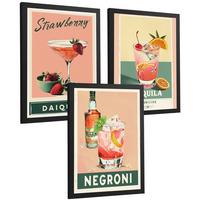 POSTER 3er Set Cocktail-Wandbilder Daiquiri Tequila Sunrise und Negroni Vintage Küche Bar Deko Schwarzer Rahmen A3 - Schwarz, Papier (29.7/1/42cm) - Nacnic