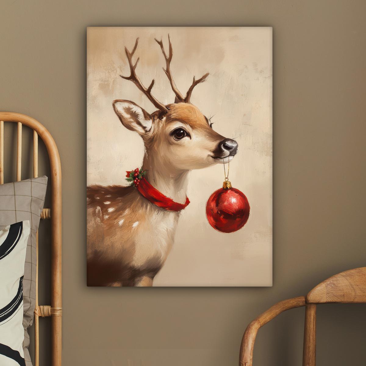 LEINWANDBILD Weihnachten - Hirsch - Geweih - Weihnachtskugel - Rentier Wandbild Wohnzimmer 60x80 cm - Hellbraun, Textil (60/80cm) - MuchoWow