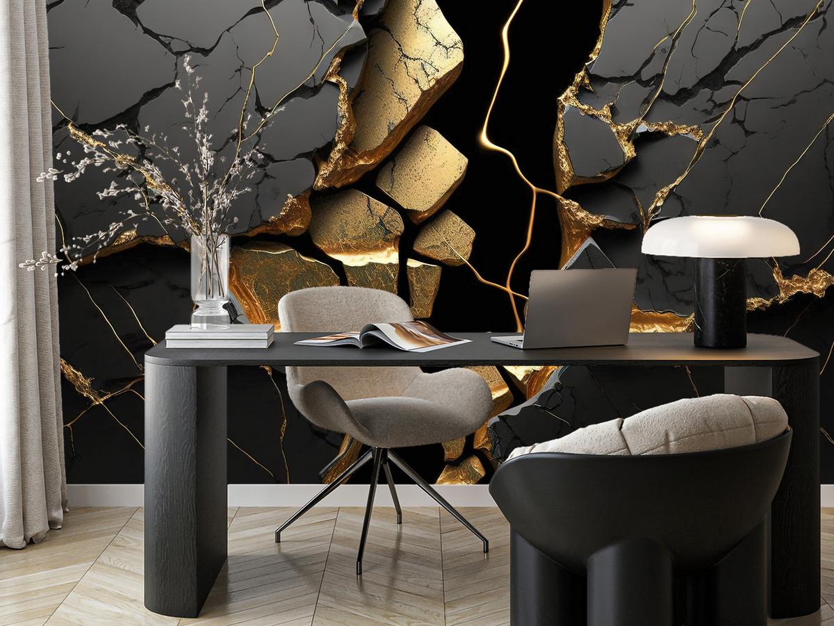 FOTOTAPETE für Wohnzimmer Schwarzer Abstrakter Marmor Gold Risse Wand 300x210 - Schwarz, Papier (300/210cm) - Muralo