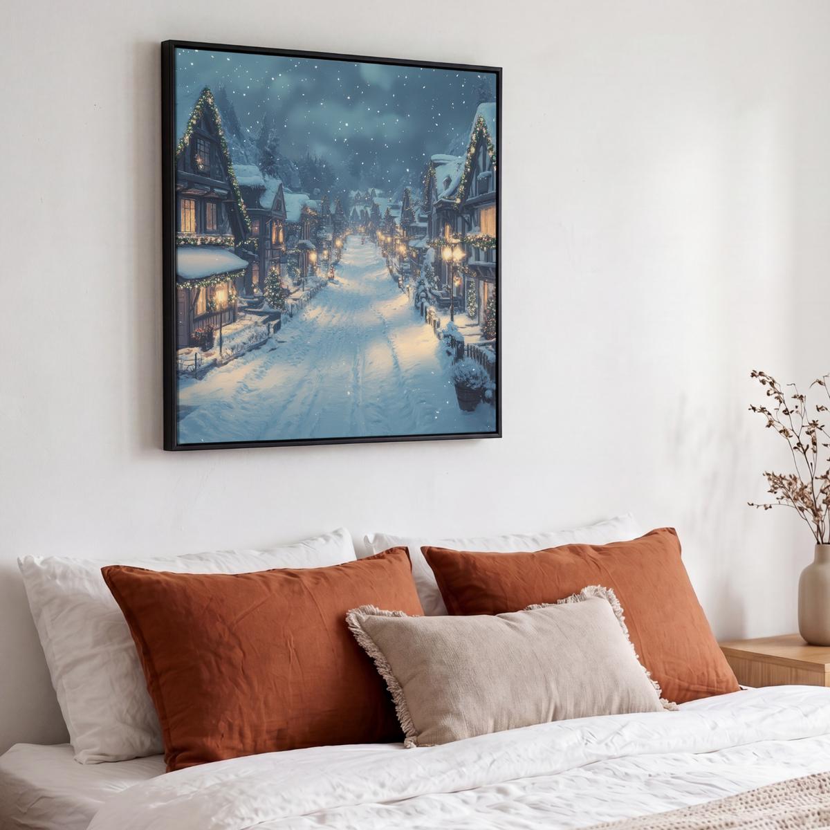 LEINWAND Bilder mit Rahmen - Weihnachtsdorf - Weihnachten - Schnee - Winter - 50x50 - Dunkelblau, Textil (50/50cm) - MuchoWow