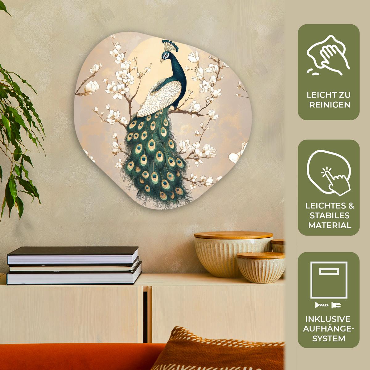 WANDBILD Pfau - Zweig - Blumen Wandbild 60x60 cm - Champagner, Kunststoff (60/60cm) - MuchoWow