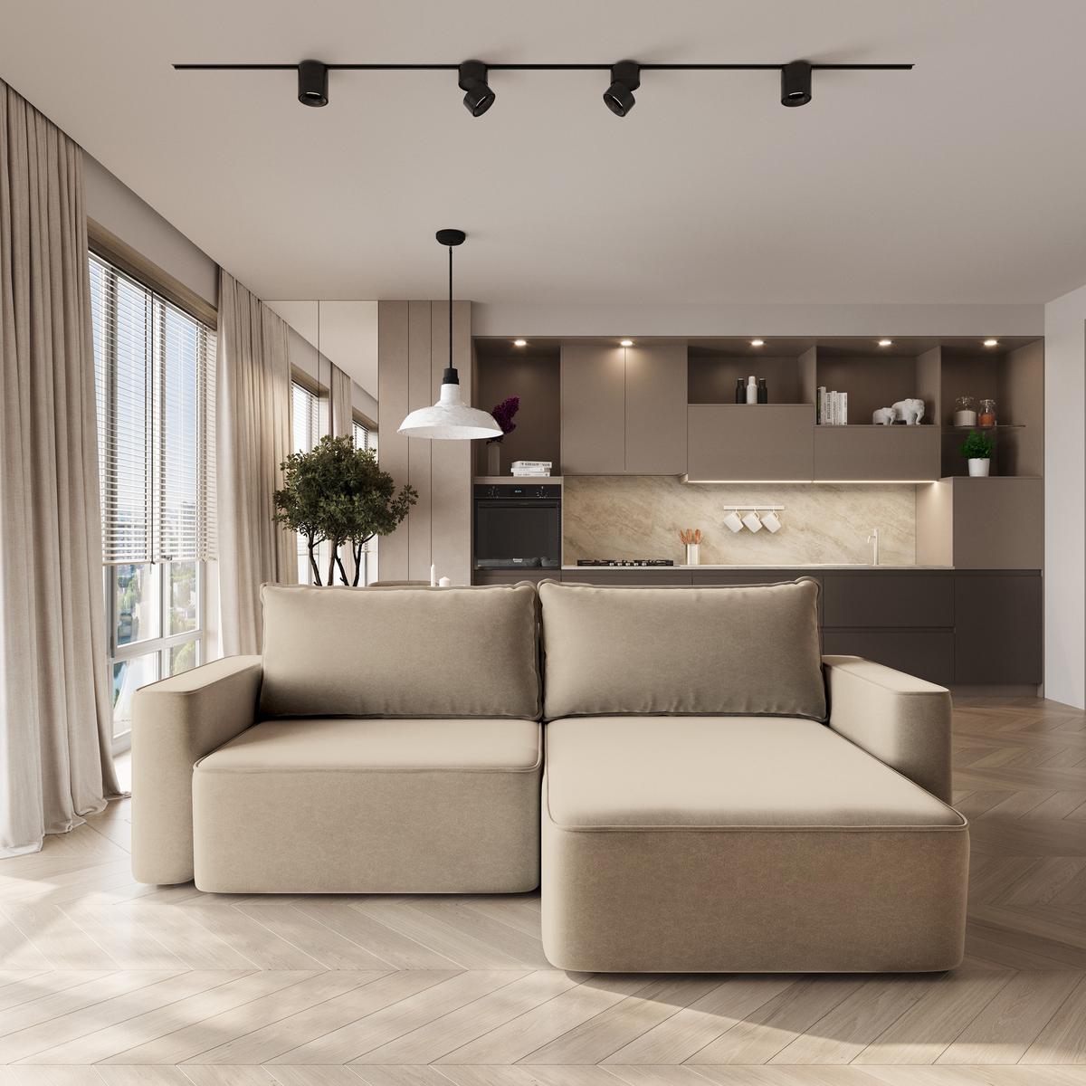 ECKSOFA BELISE CL Beige Veloursstoff mit Schlaffunktion - Beige, Holz/Textil (252/162cm) - MASSENO