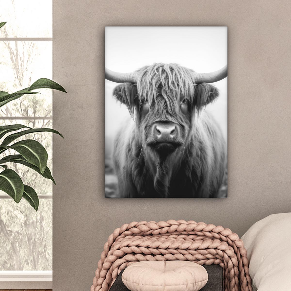 LEINWANDBILD Schottischer Highlander - Nebel - Schwarz - Weiß Wandbild Wohnzimmer 60x80 cm - Grau, Textil (60/80cm) - MuchoWow