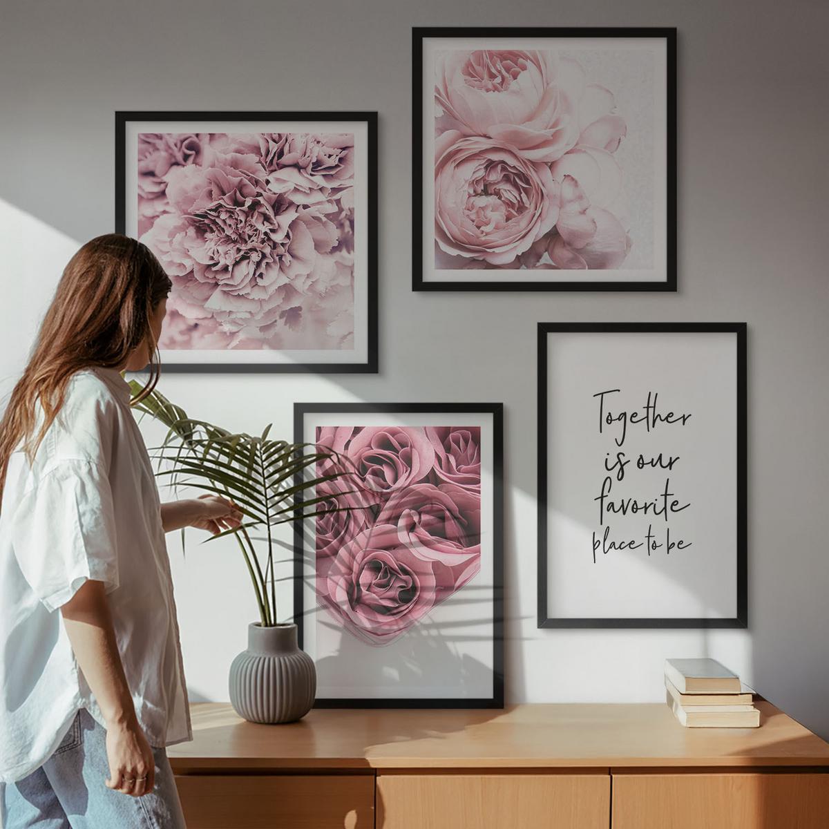 BILDER SET 4er Set - 50x50 cm & 40x60 cm Schwarzer Rahmen - Blumensträuße mit Rosen, Hausinschrift - Schwarz, Kunststoff (50/50cm) - TULUP