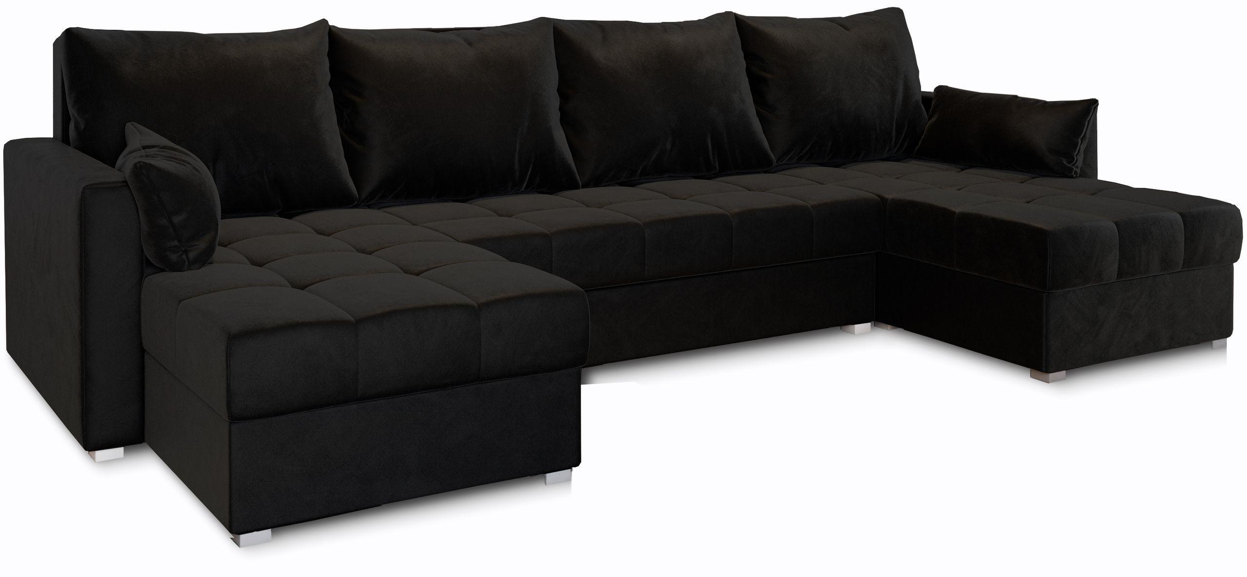 WOHNLANDSCHAFT NAKO Schwarz Plüsch-Stoff mit Schlaffunktion - Schwarz/Grau, Holz/Kunststoff (285/85/140cm) - MASSENO