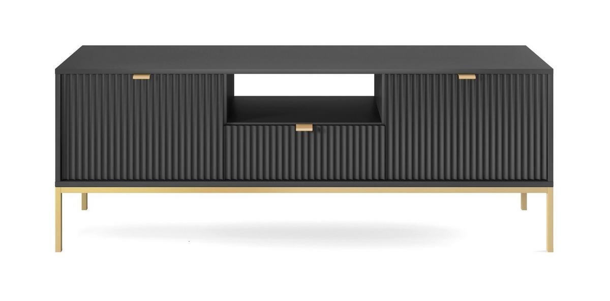 LOWBOARD Eternas 2T 1S Schwarz 154/56/39 cm – goldene Füße, mit geriffelten Fronten und offener Ablage - Goldfarben/Schwarz, Holzwerkstoff (154/56/39cm) - AX Living