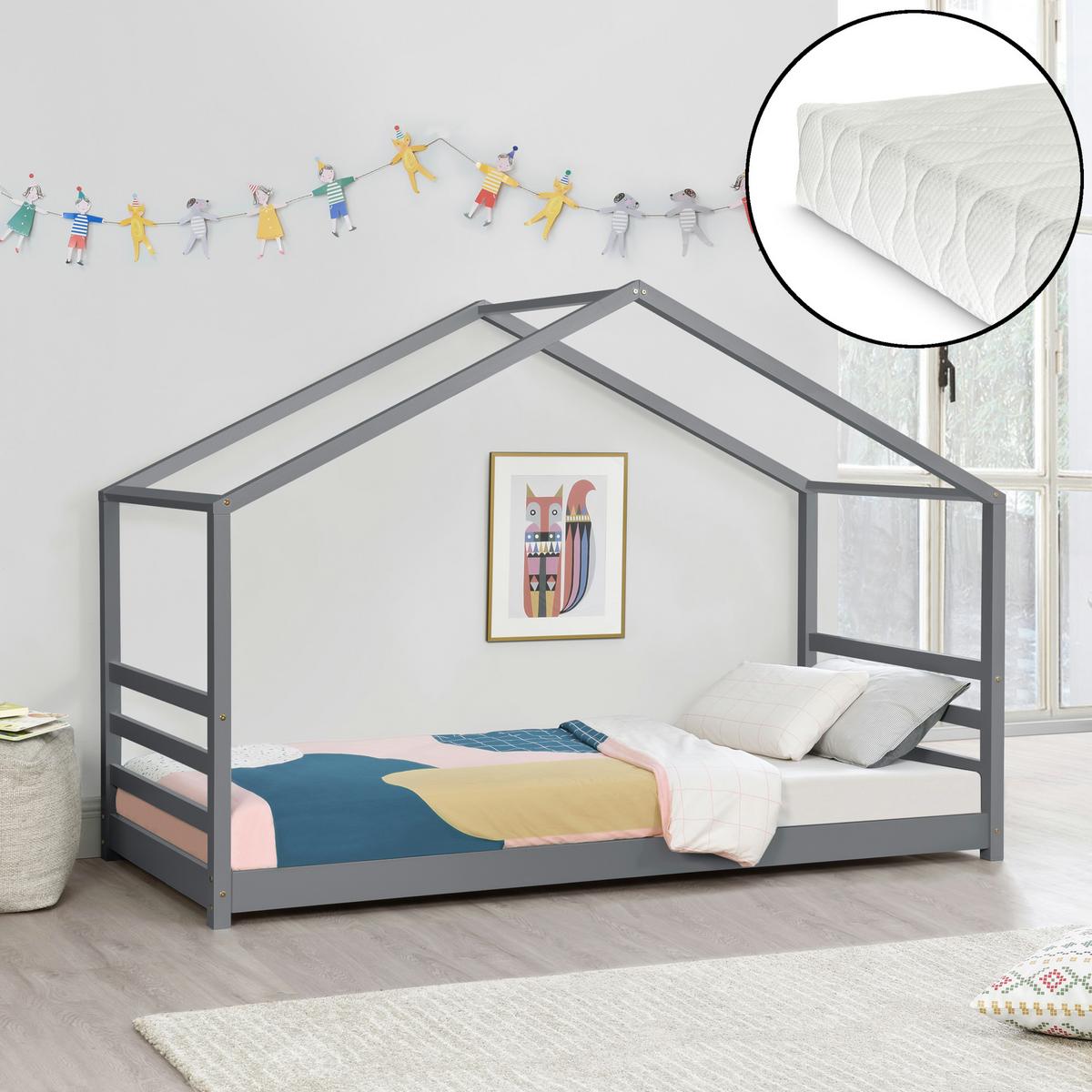 HAUSBETT Vardø mit Matratze - Dunkelgrau, Holz/Textil (90/200cm) - [en.casa]