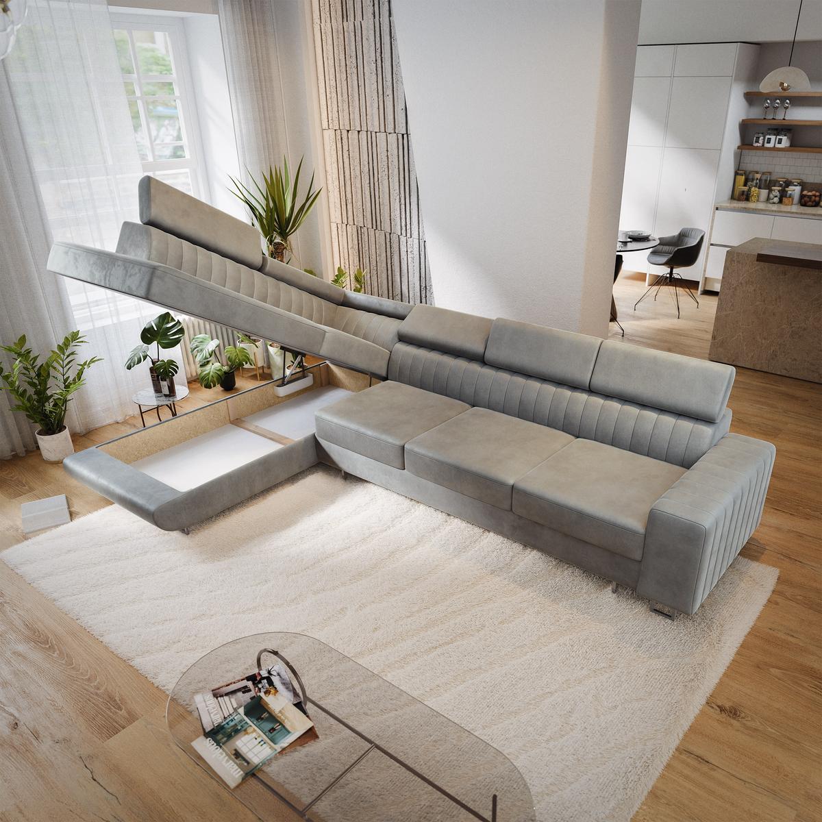 ECKSOFA HESTION Hellgrau Velours-Stoff mit Schlaffunktion - Hellgrau, Holz (332/190cm) - MASSENO
