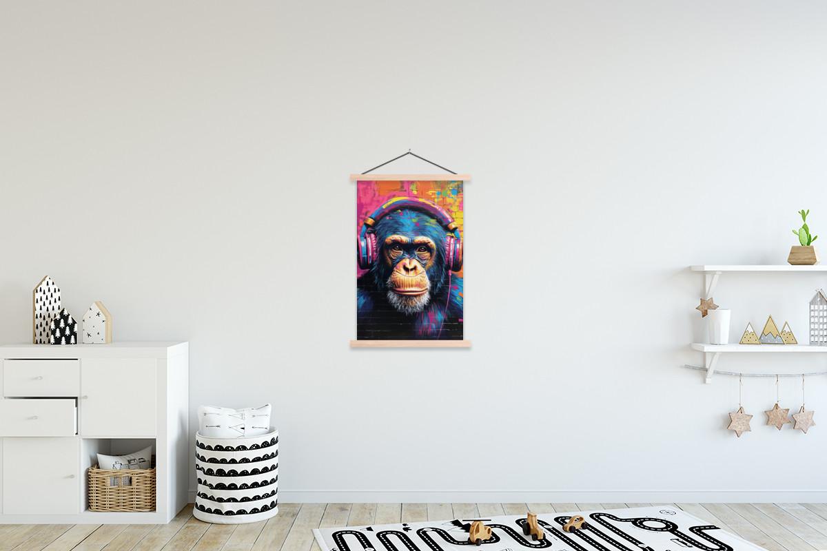 POSTER MIT MAGNETLEISTEN Graffiti - Schimpanse - Straßenkunst - Kopfhörer - Affe Wandbild Schlafzimmer 60x90 cm - Blau, Textil (60/90/0.15cm) - MuchoWow