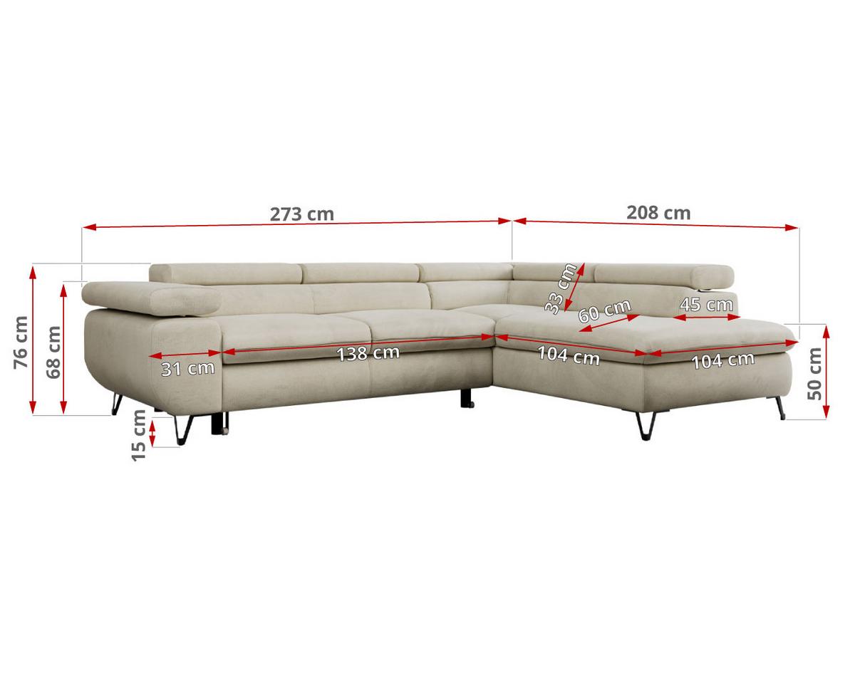 ECKSOFA PETER L Beige Velvet - Rechts Seite - Beige/Schwarz, Textil/Metall (273/208cm) - MKS