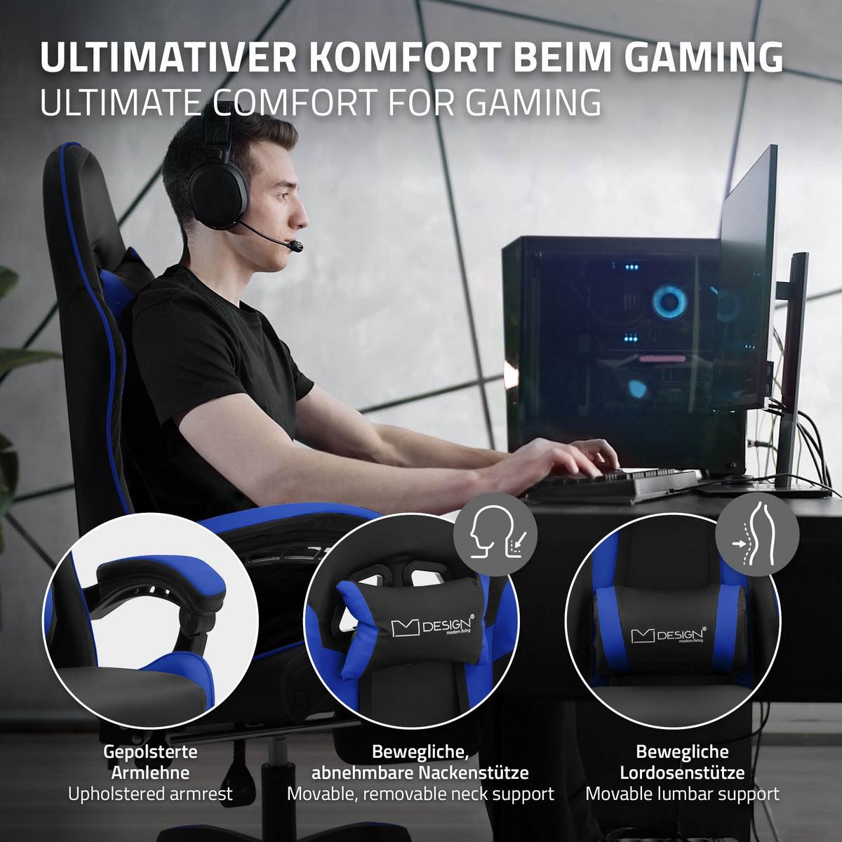 GAMINGSTUHL Schwarz-Blau aus Kunstleder - Blau/Schwarz, Kunststoff/Metall (62/119/62cm) - ML-DESIGN