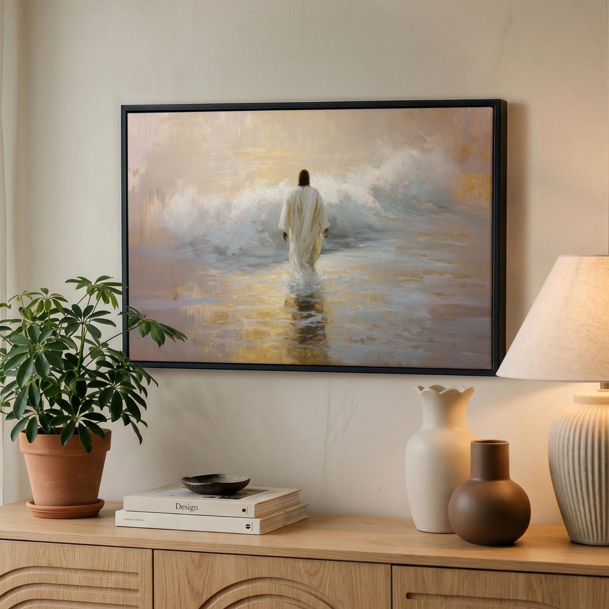 LEINWAND Bilder mit Rahmen - Gemälde - Welle - Jesus - Abstrakt - 60x40 - Goldfarben, Textil (60/40cm) - MuchoWow