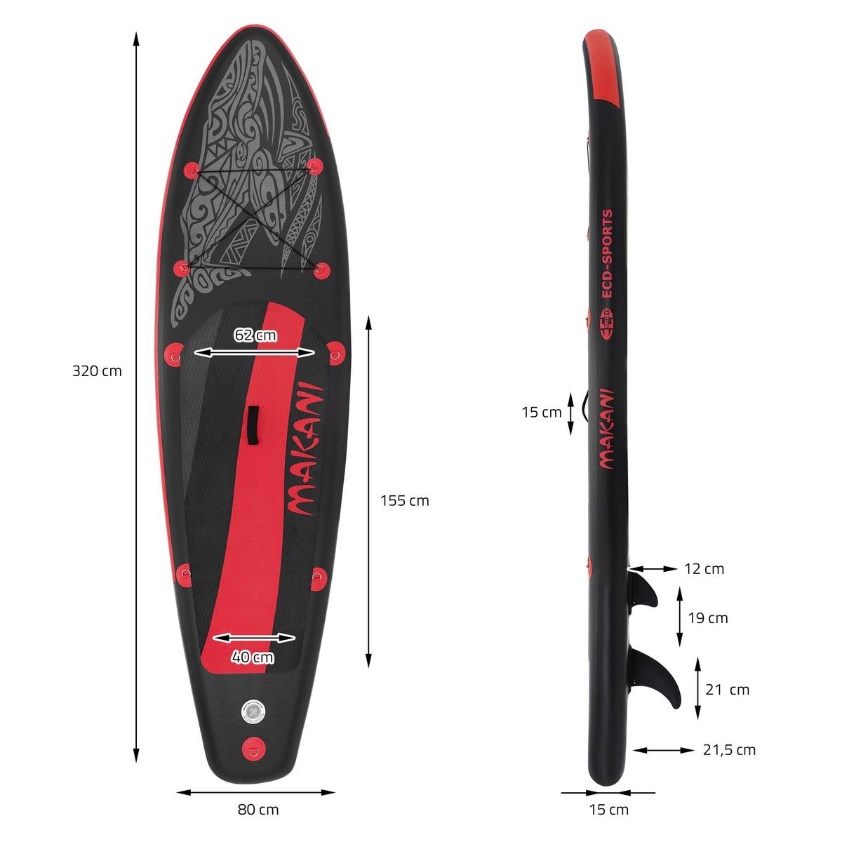 STAND UP PADDLE BOARD Makani Schwarz-Rot - Rot, Kunststoff (320/80/15cm) - ECD-Germany