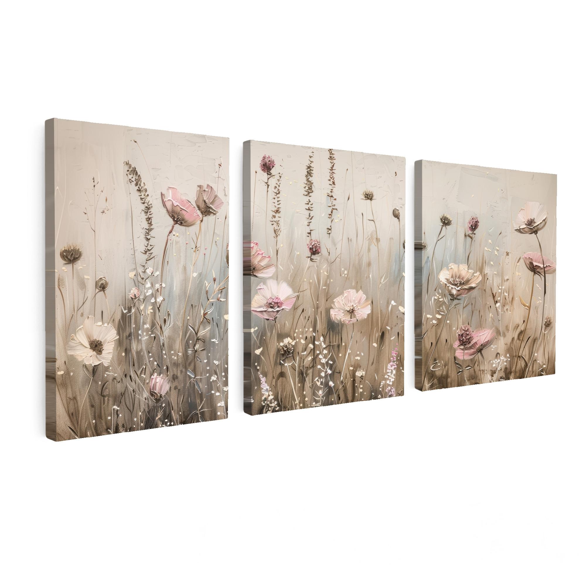 LEINWANDBILD 3er Set Blumen - Beige - Modern - Rosa 180x80 cm - Ecru, Textil (180/80cm) - MuchoWow