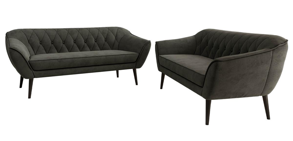 SITZGARNITUR PIRS 3+3 - Dunkelgrau Velvet - Schwarze Beine - Dunkelgrau/Schwarz, Holzwerkstoff/Textil (180/75/74cm) - MKS